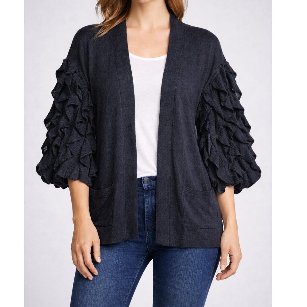 NEW Rachel Parcell Womens Black Ruffle Sleeve Open Front Cardigan Small